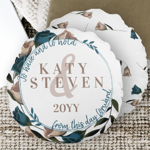  Botanisch Blauwgroen Beige Rozen Vines Bruiloft Rond Kussen