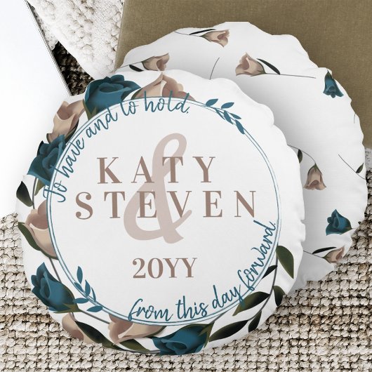  Botanisch Blauwgroen Beige Rozen Vines Bruiloft Rond Kussen