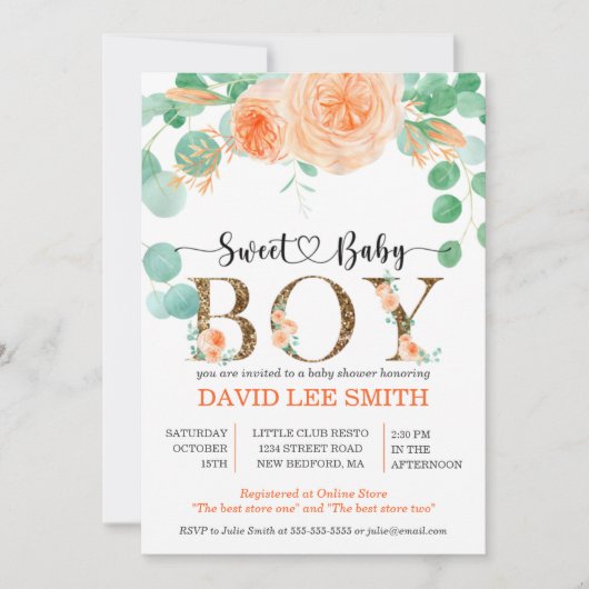 Botanisch blauwgroen en oranje Baby shower (Voorkant)