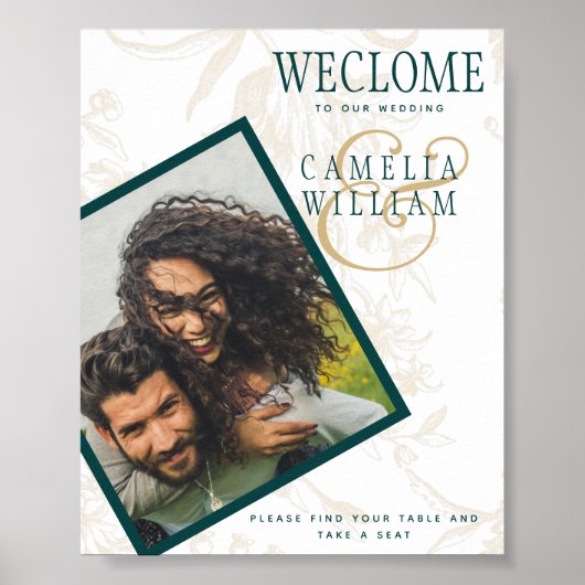 BOTANISCH BLAUWGROEN GOLD FOTO Wedding WELCOME Pos Poster (Voorkant)