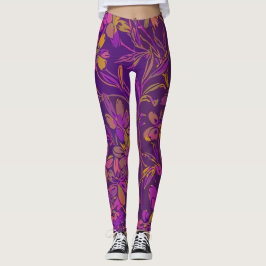Botanisch bloemenpatroon in donker Paars Leggings (Voorkant)
