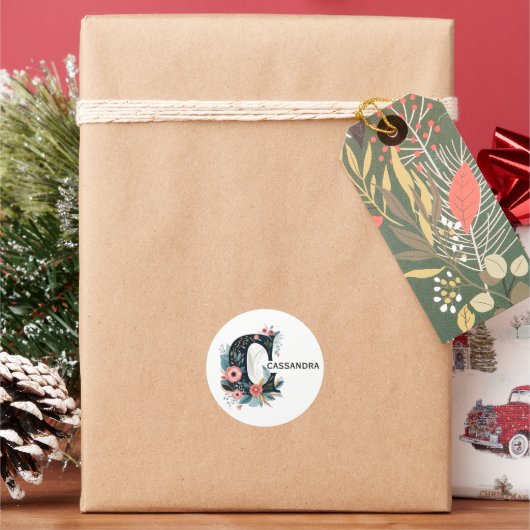 Botanisch bloemmonogram letter C Ronde Sticker (Feestdagen)