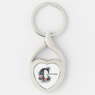 Botanisch bloemmonogram letter C Sleutelhanger
