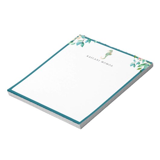 Botanisch bloemmotief Zeepaard Logo Blauwe Rand Notitieblok (Linkerzijde)