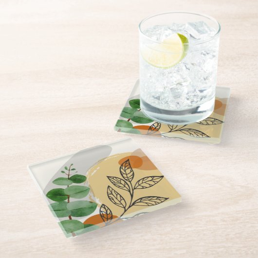 Botanisch Boho Groen Sinaasappel Glazen Onderzetter (Schuin)