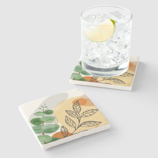 Botanisch Boho Groen Sinaasappel Stenen Onderzetter (Zijkant)