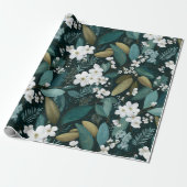 Botanisch bosblad wit bloempatroon cadeaupapier (Uitgerold)