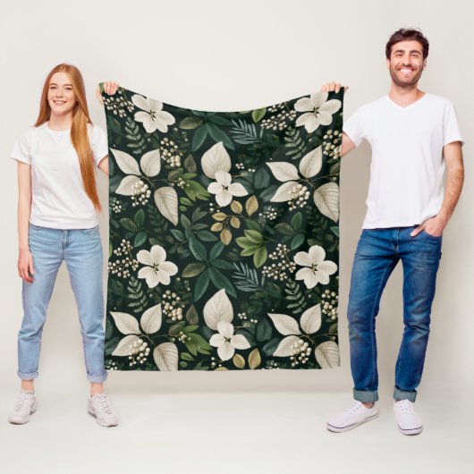 Botanisch bosblad wit bloempatroon fleece deken (In situ)