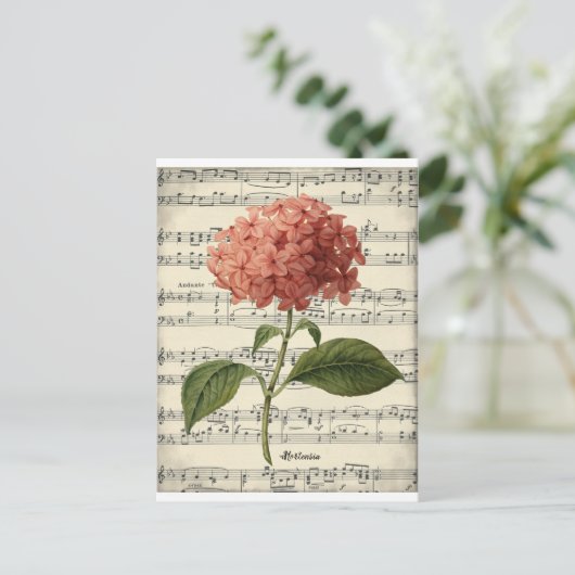 botanisch briefkaart met roze hortensie (Staand voorkant)
