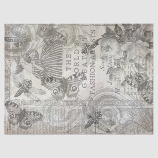  Botanisch Butterfly Script zwart-wit Tissuepapier (Voorkant)