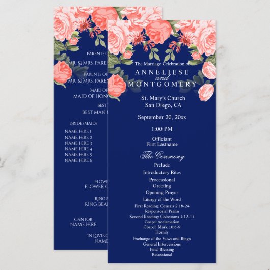 Botanisch Donkerblauw en Koraal Bloem - Programma Programmakaart (Voorkant / Achterkant)