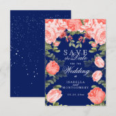 Botanisch Donkerblauw en Koraalbloem Save The Date (Voorkant / Achterkant)