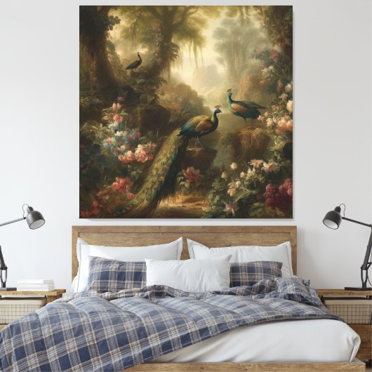 Botanisch: drie pauwen in Engelse tuin Canvas Afdruk (Insitu (Slaapkamer))