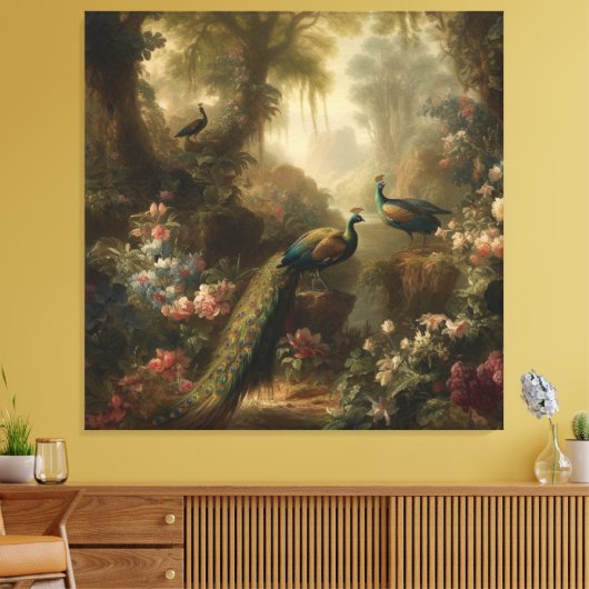 Botanisch: drie pauwen in Engelse tuin Canvas Afdruk (Insitu (Woonkamer))