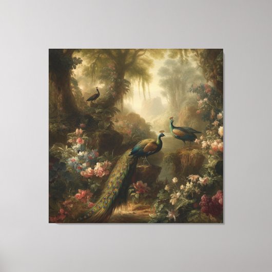 Botanisch: drie pauwen in Engelse tuin Canvas Afdruk (Voorkant)