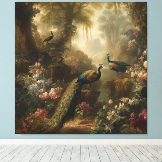 Botanisch: drie pauwen in Engelse tuin Canvas Afdruk (Insitu (Houten vloer))