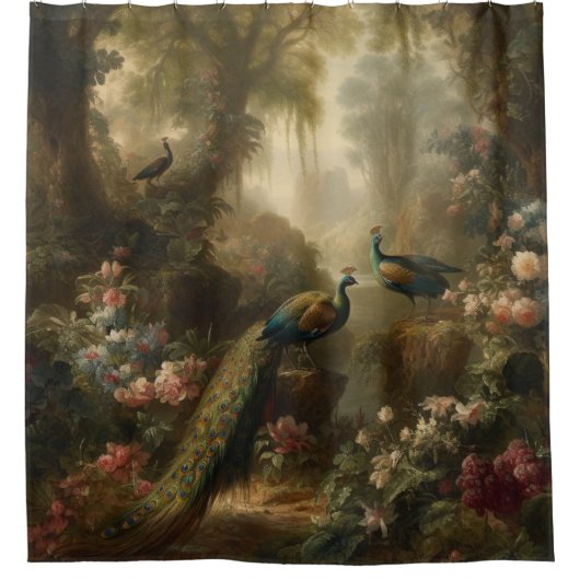 Botanisch: drie pauwen in Engelse tuin Douchegordijn (Voorkant)