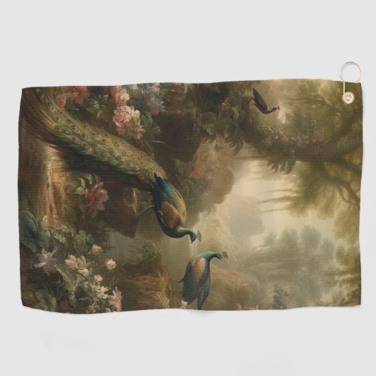 Botanisch: drie pauwen in Engelse tuin Golfhanddoek (Horizontaal)