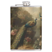 Botanisch: drie pauwen in Engelse tuin Heupfles (Voorkant)