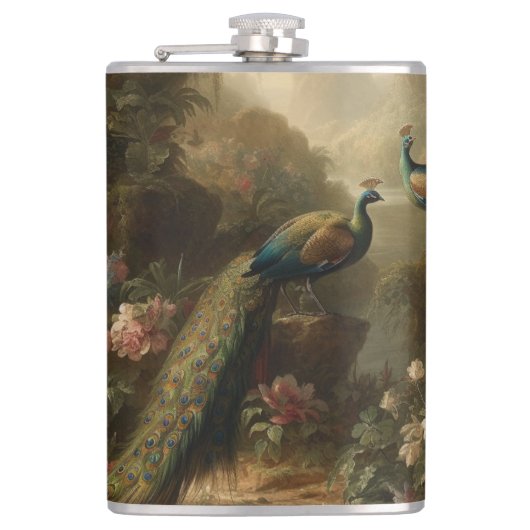 Botanisch: drie pauwen in Engelse tuin Heupfles (Voorkant)