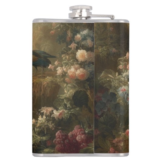 Botanisch: drie pauwen in Engelse tuin Heupfles (Achterkant)