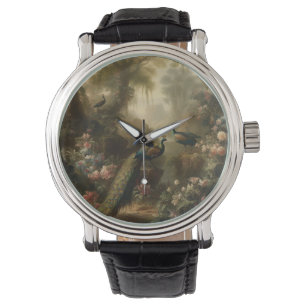 Botanisch: drie pauwen in Engelse tuin Horloge