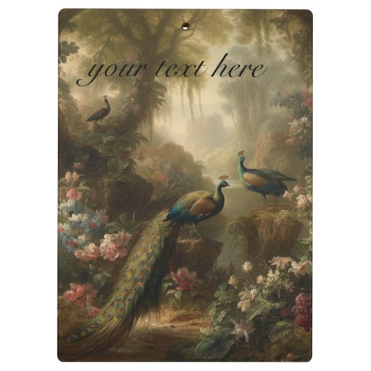 Botanisch: drie pauwen in Engelse tuin Klembord (Achterkant)