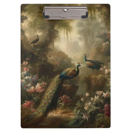 Botanisch: drie pauwen in Engelse tuin Klembord (Voorkant)