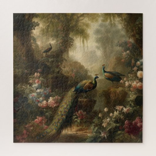 Botanisch: drie pauwen in Engelse tuin Legpuzzel (Verticaal)