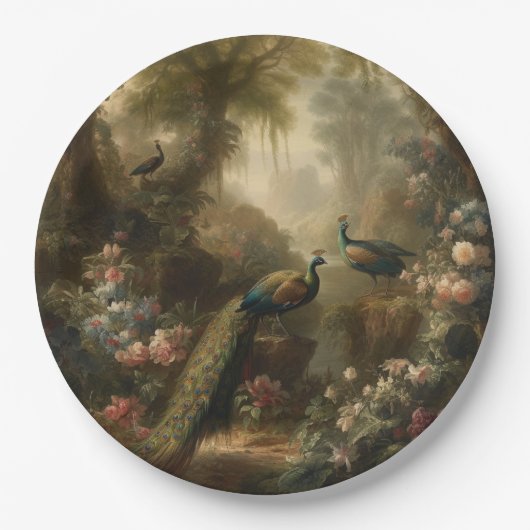 Botanisch: drie pauwen in Engelse tuin Papieren Bordje (Voorkant)