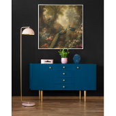 Botanisch: drie pauwen in Engelse tuin Poster