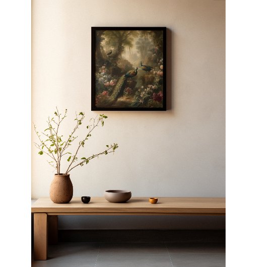 Botanisch: drie pauwen in Engelse tuin Poster