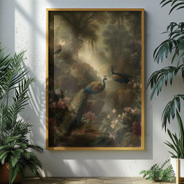 Botanisch: drie pauwen in Engelse tuin Poster