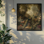 Botanisch: drie pauwen in Engelse tuin Poster