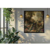 Botanisch: drie pauwen in Engelse tuin Poster