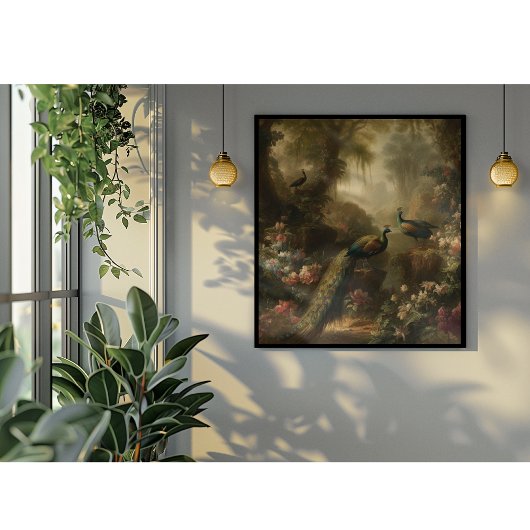 Botanisch: drie pauwen in Engelse tuin Poster