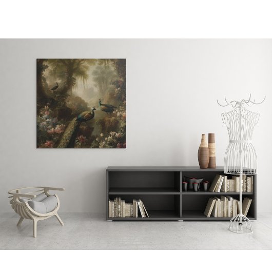 Botanisch: drie pauwen in Engelse tuin Poster