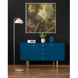 Botanisch: drie pauwen in Engelse tuin Poster