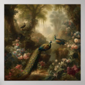 Botanisch: drie pauwen in Engelse tuin Poster (Voorkant)