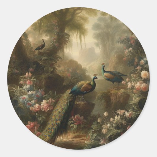 Botanisch: drie pauwen in Engelse tuin Ronde Sticker (Voorkant)