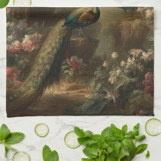 Botanisch: drie pauwen in Engelse tuin Theedoek (Gevouwen)