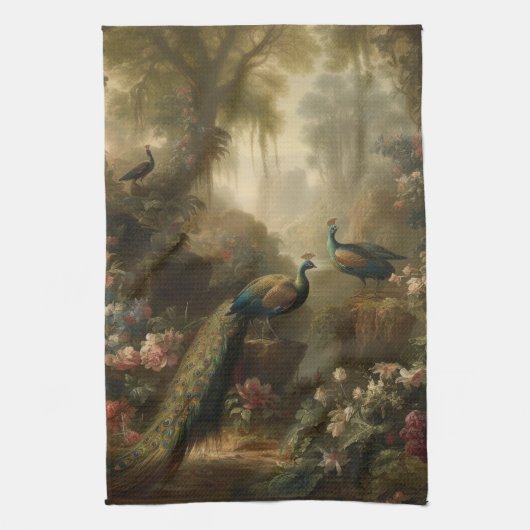 Botanisch: drie pauwen in Engelse tuin Theedoek (Verticaal)