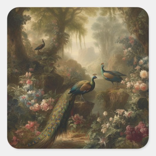 Botanisch: drie pauwen in Engelse tuin Vierkante Sticker (Voorkant)