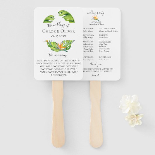 Botanisch eiland bladeren bruiloft programma handwaaier (Voorkant en achterkant)