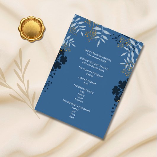 Botanisch Elegant Blauw Ceremonie Programma Kaart