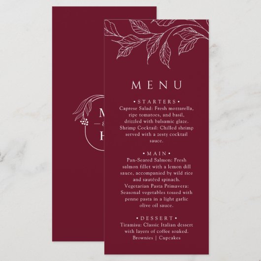 Botanisch Elegant Bourgondië Trouw Dinner Menu (Voorkant / Achterkant)
