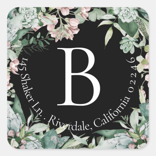 botanisch | Elegant monogram retouradreslabel Vierkante Sticker (Voorkant)