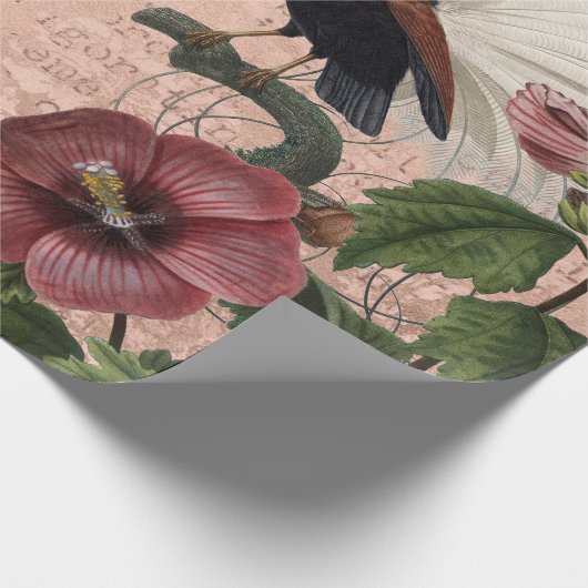  botanisch en vogel op roze cadeaupapier (Hoek)