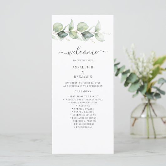 Botanisch Eucalyptus Greenery Wedding Program (Staand voorkant)