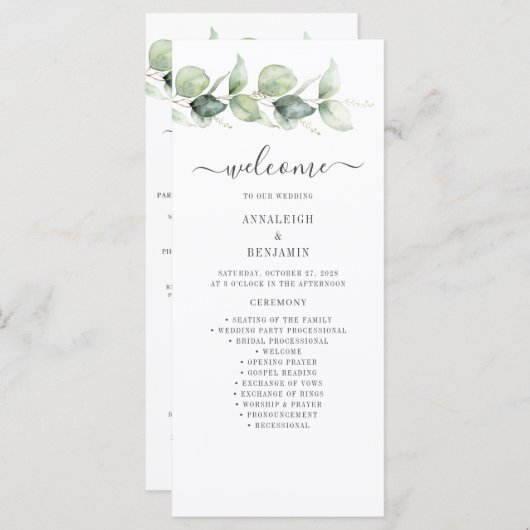 Botanisch Eucalyptus Greenery Wedding Program (Voorkant / Achterkant)